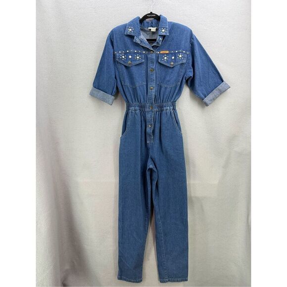 Vintage Dreams Womens Blue Snap Front Embellished Denim Jumpsuit Size Medium - Picture 1 of 12